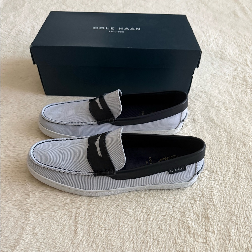 Men’s Cole Haan Shoes, Loafers, Size 10.5, White and Navy Blue